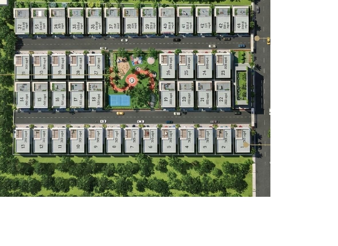 Masterplan view showing central park, roads, and villa rows